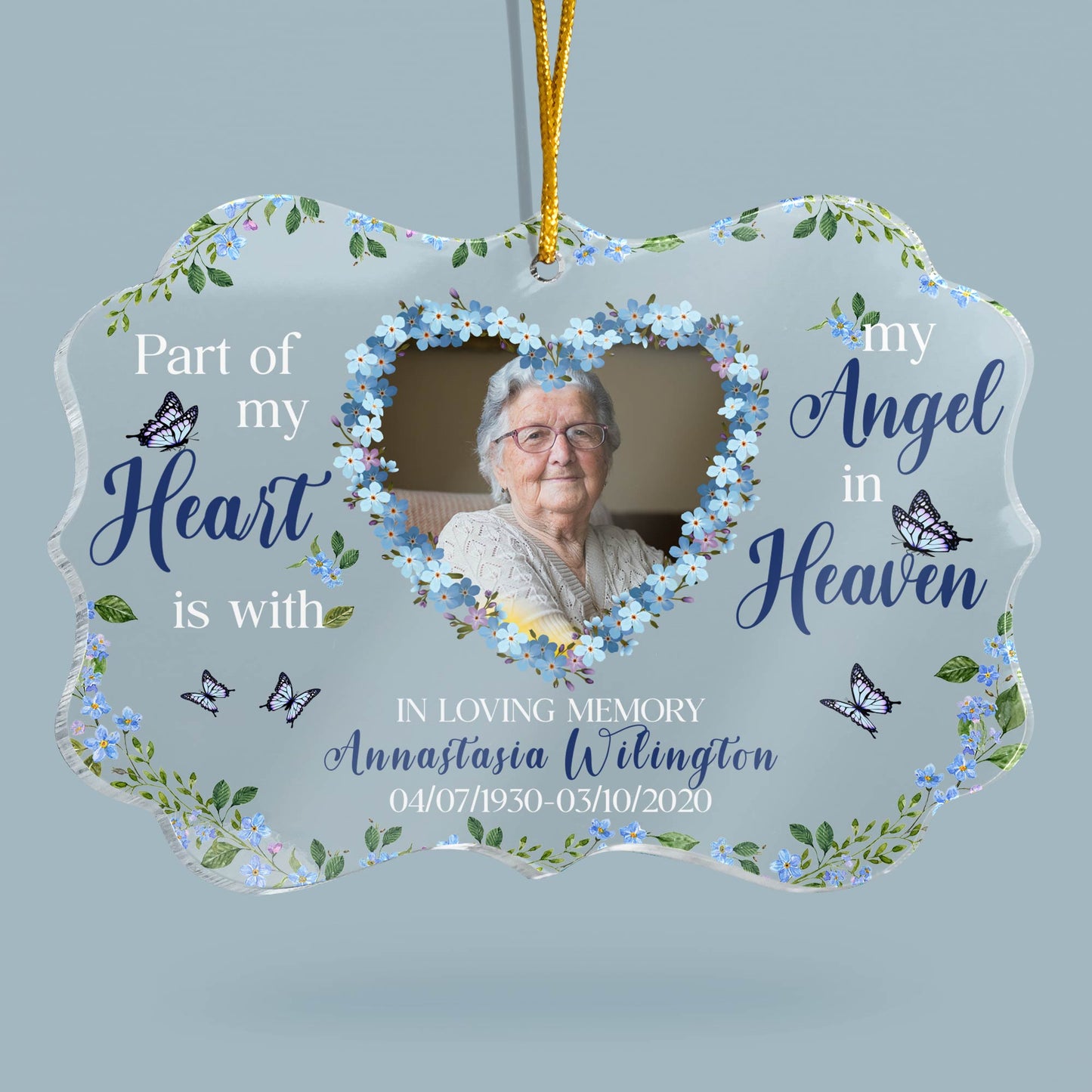 Part Of My Heart Is With My Angel - Personalized Acrylic Ornament - Christmas, Memorial Gift For Family Members, Remembrance Gift, Heartwarming Gift, Forget-Me-Not Flower