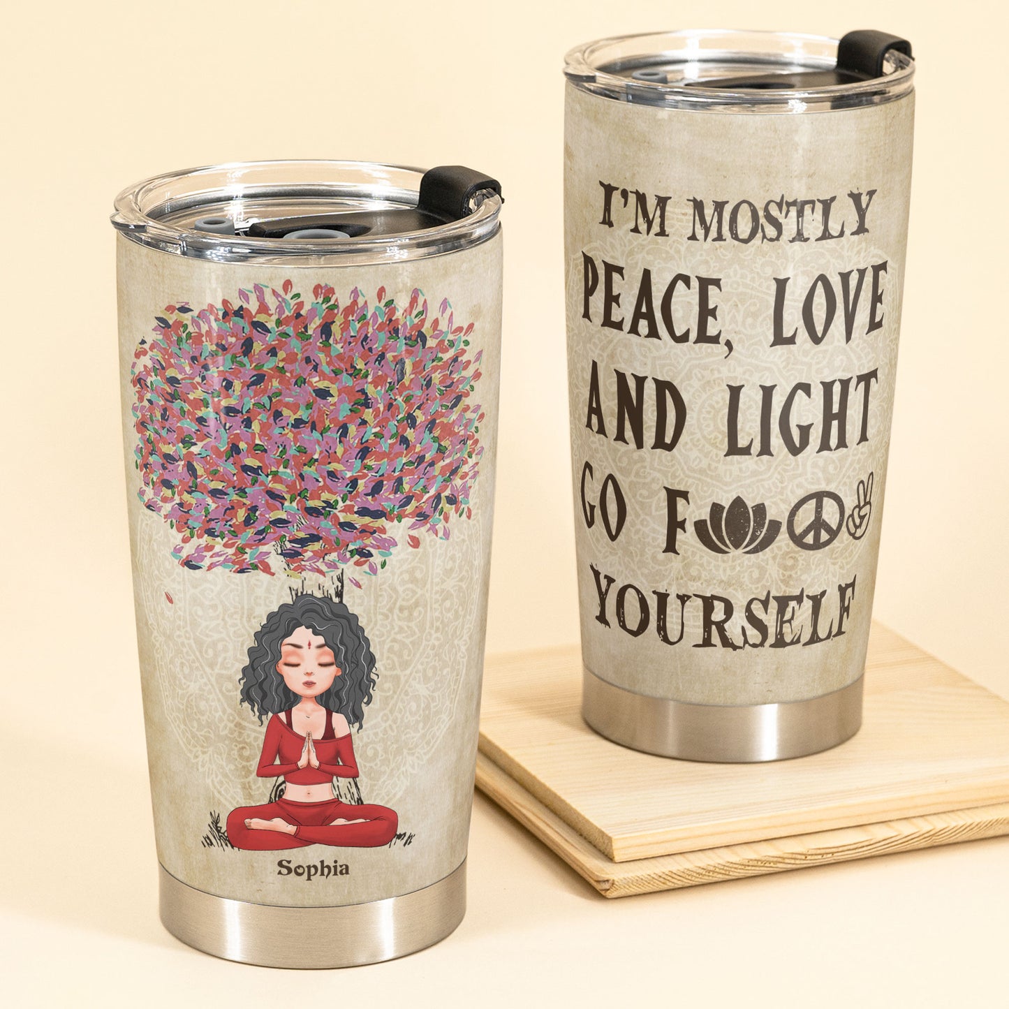 Peace Love And Light - Personalized Tumbler Cup - Birthday Gift For Yoga Lover
