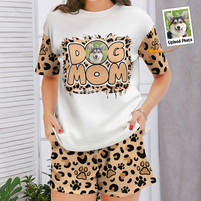 Pet Mom Paw Print Leopard - Personalized Photo Pajama Shorts Set