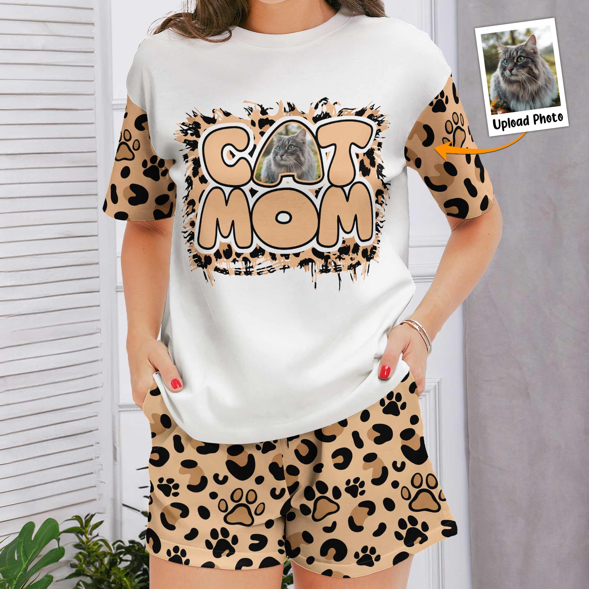 Pet Mom Paw Print Leopard - Personalized Photo Pajama Shorts Set
