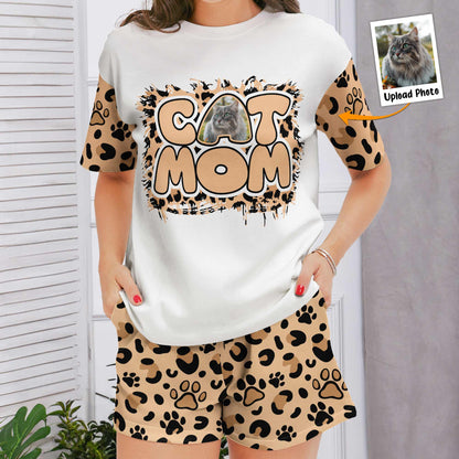 Pet Mom Paw Print Leopard - Personalized Photo Pajama Shorts Set