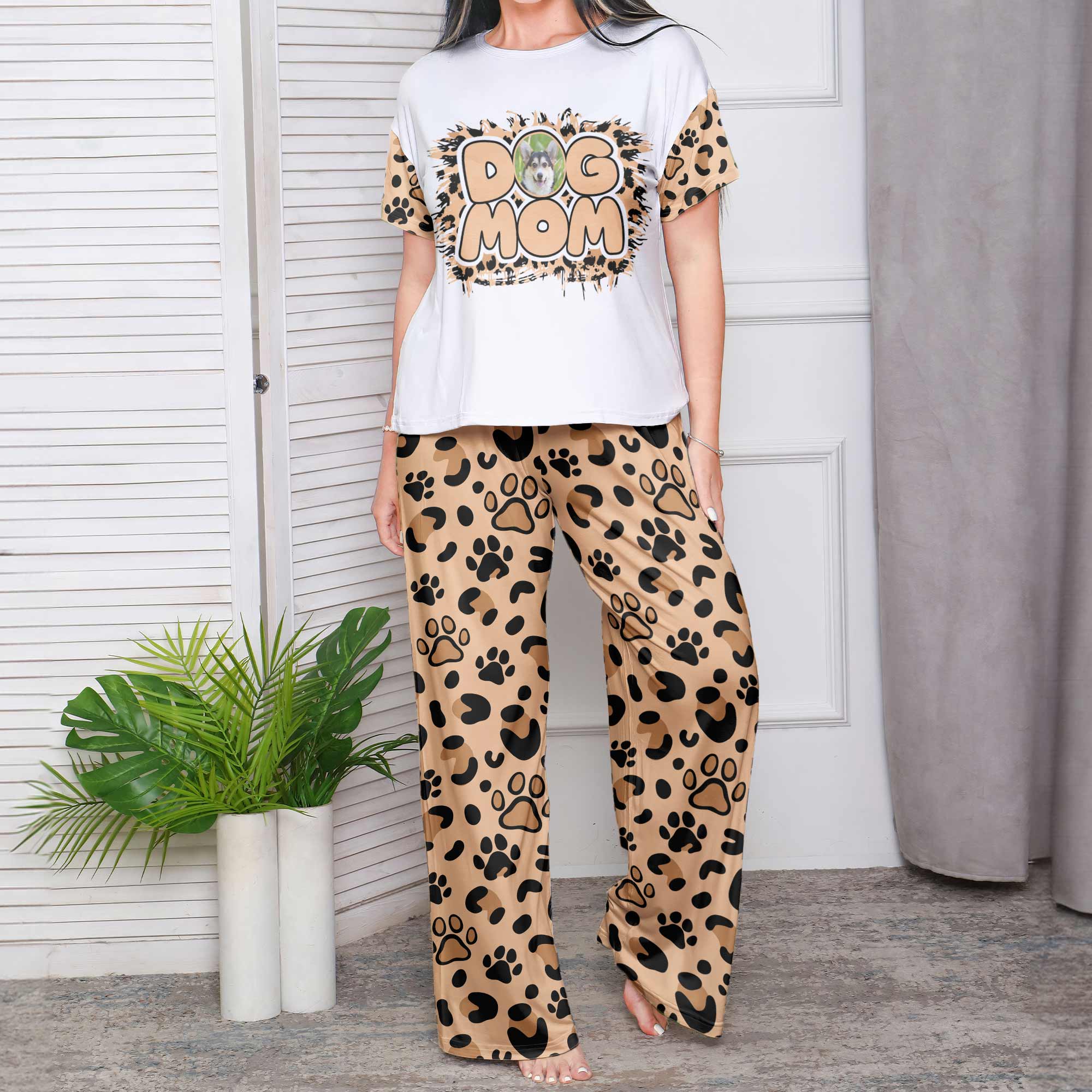 Pet Mom Paw Print Leopard - Personalized Photo Pajama Shorts Set