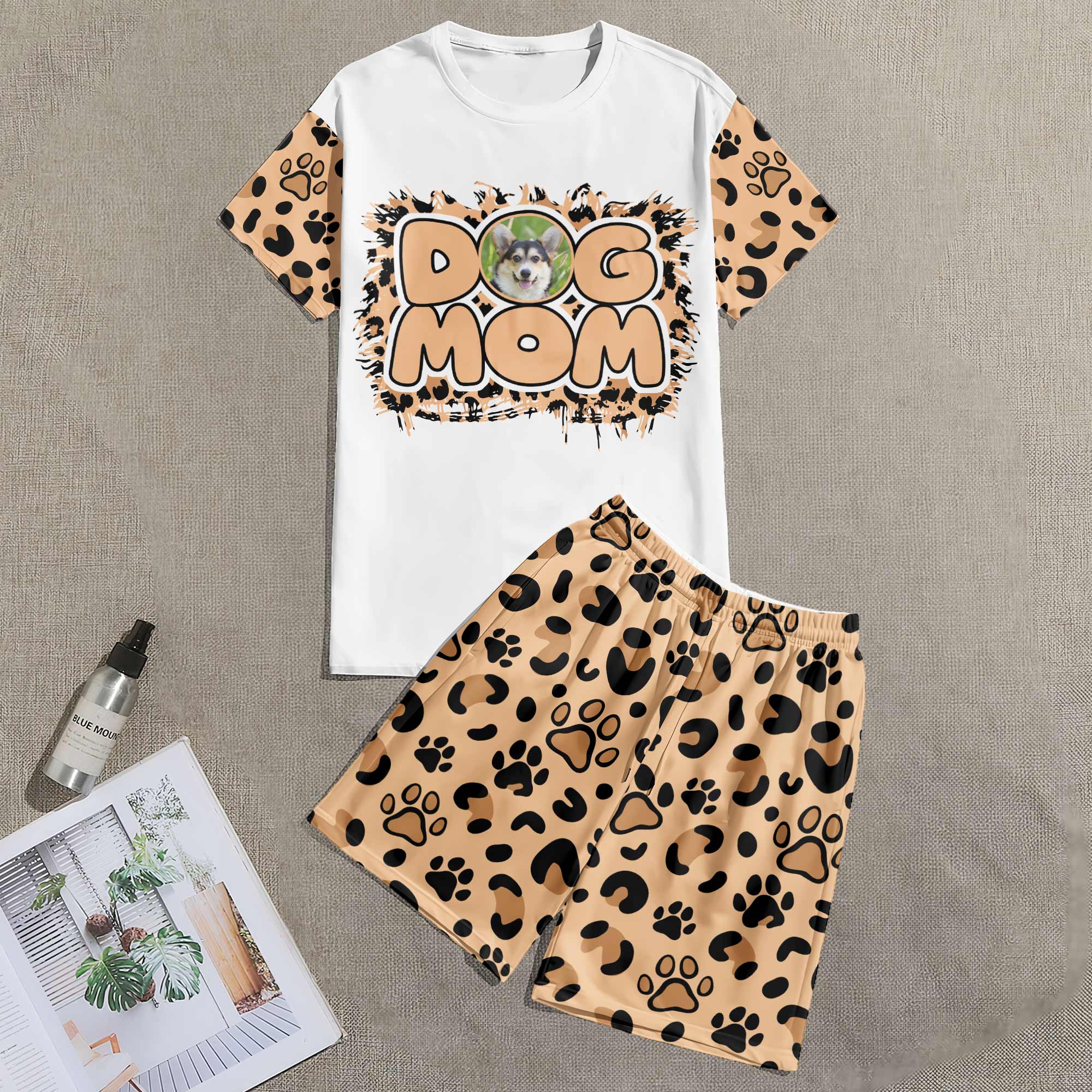 Pet Mom Paw Print Leopard - Personalized Photo Pajama Shorts Set