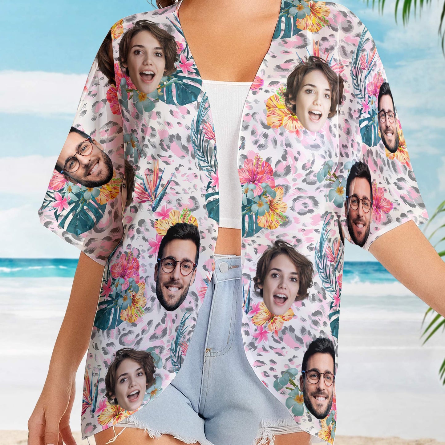 Couple Face Leopard - Personalized Photo Women's Kimono Chiffon Cover Up