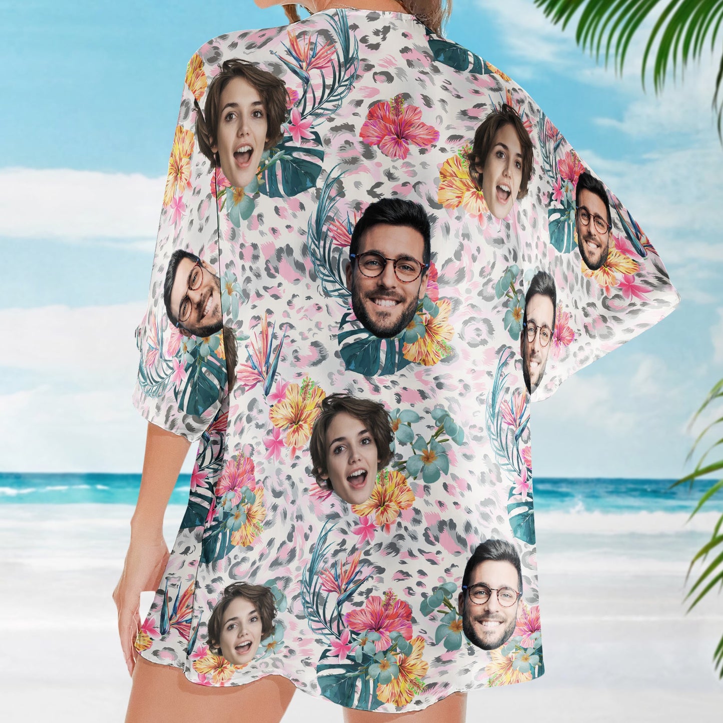 Couple Face Leopard - Personalized Photo Women's Kimono Chiffon Cover Up
