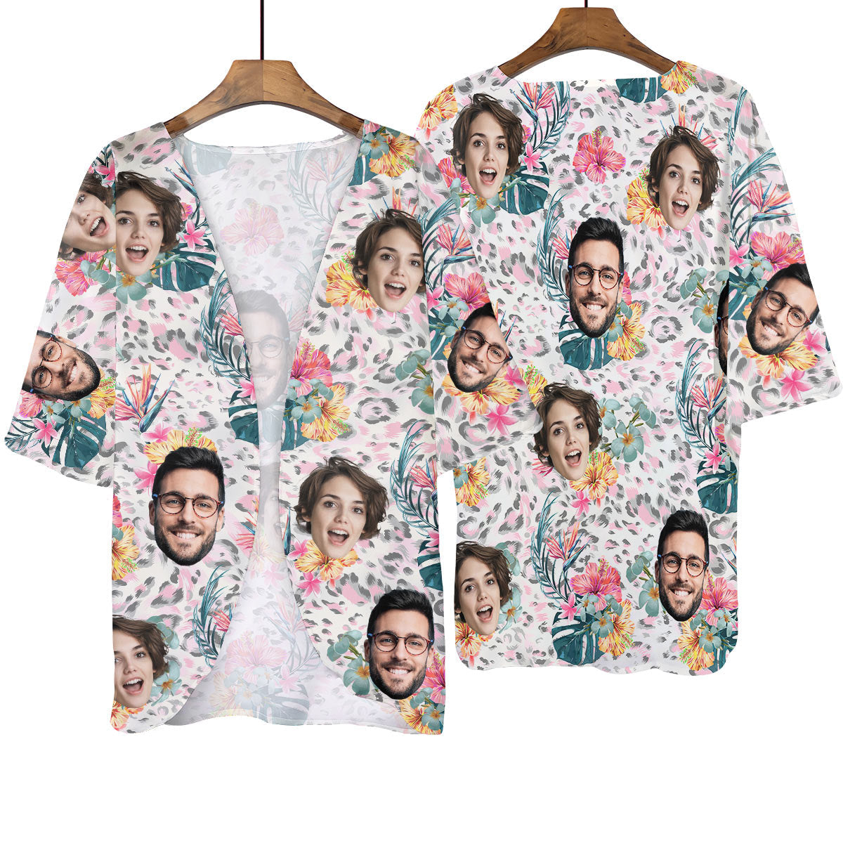 Couple Face Leopard - Personalized Photo Women's Kimono Chiffon Cover Up