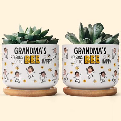 Grandma's Reasons To Bee Happy Custom Kids' Face - Personalized Photo Ceramic Plant Pot With Tray