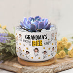 Grandma's Reasons To Bee Happy Custom Kids' Face - Personalized Photo Ceramic Plant Pot With Tray