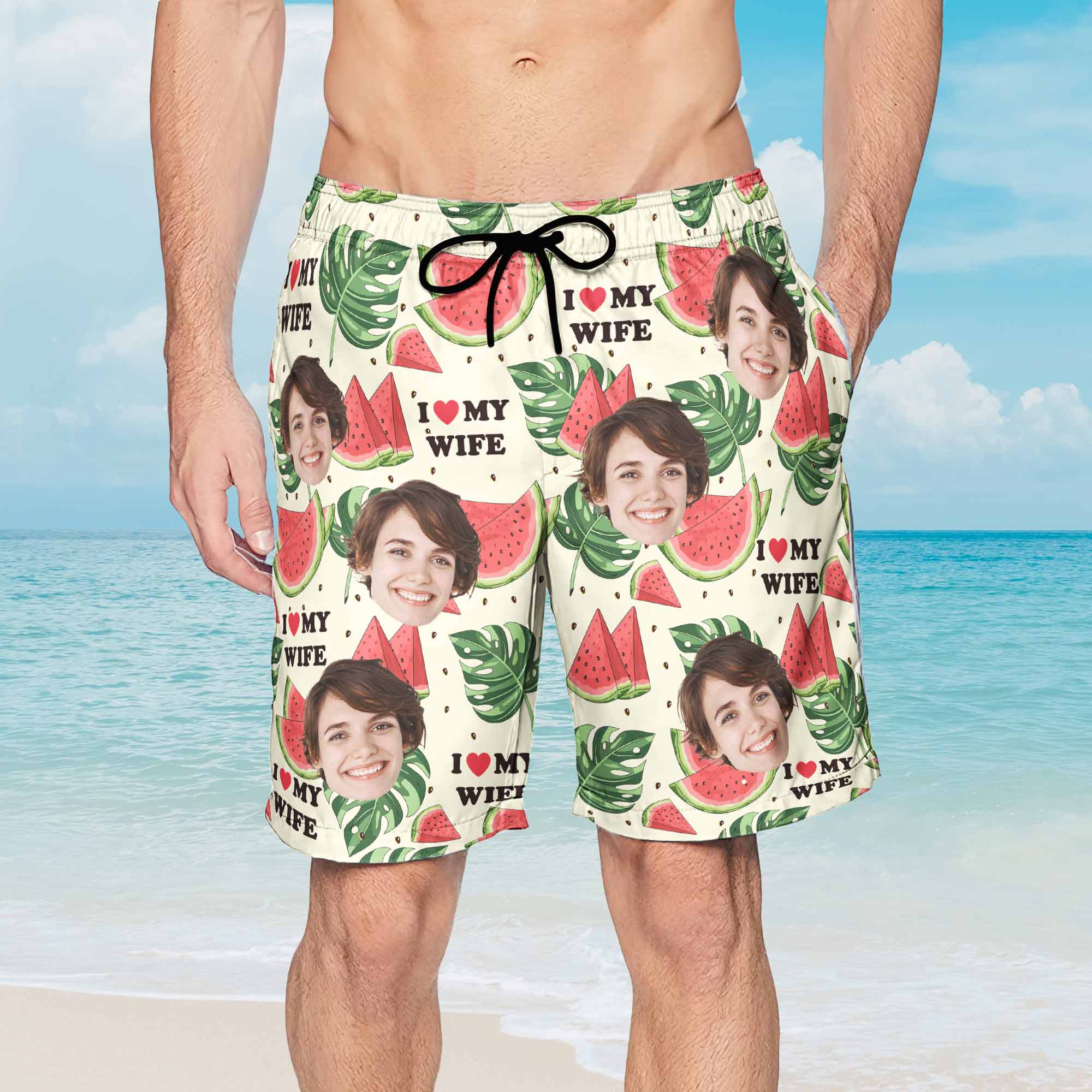 I Love My Wife I Love My Husband - Personalized Photo Couple Beach Shorts