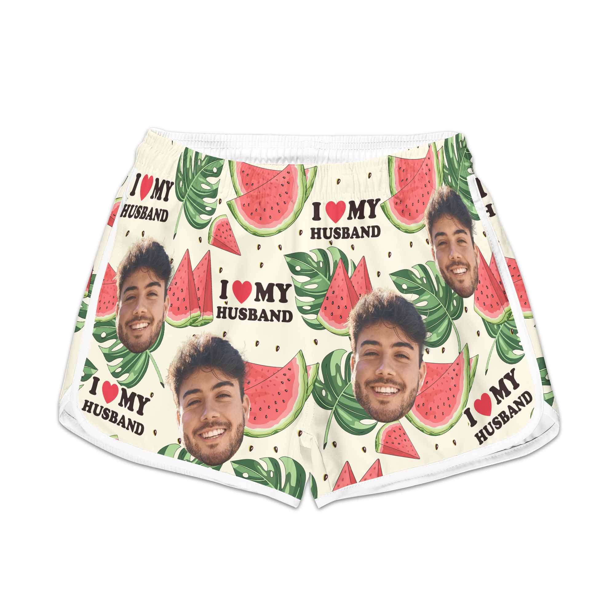 I Love My Wife I Love My Husband - Personalized Photo Couple Beach Shorts