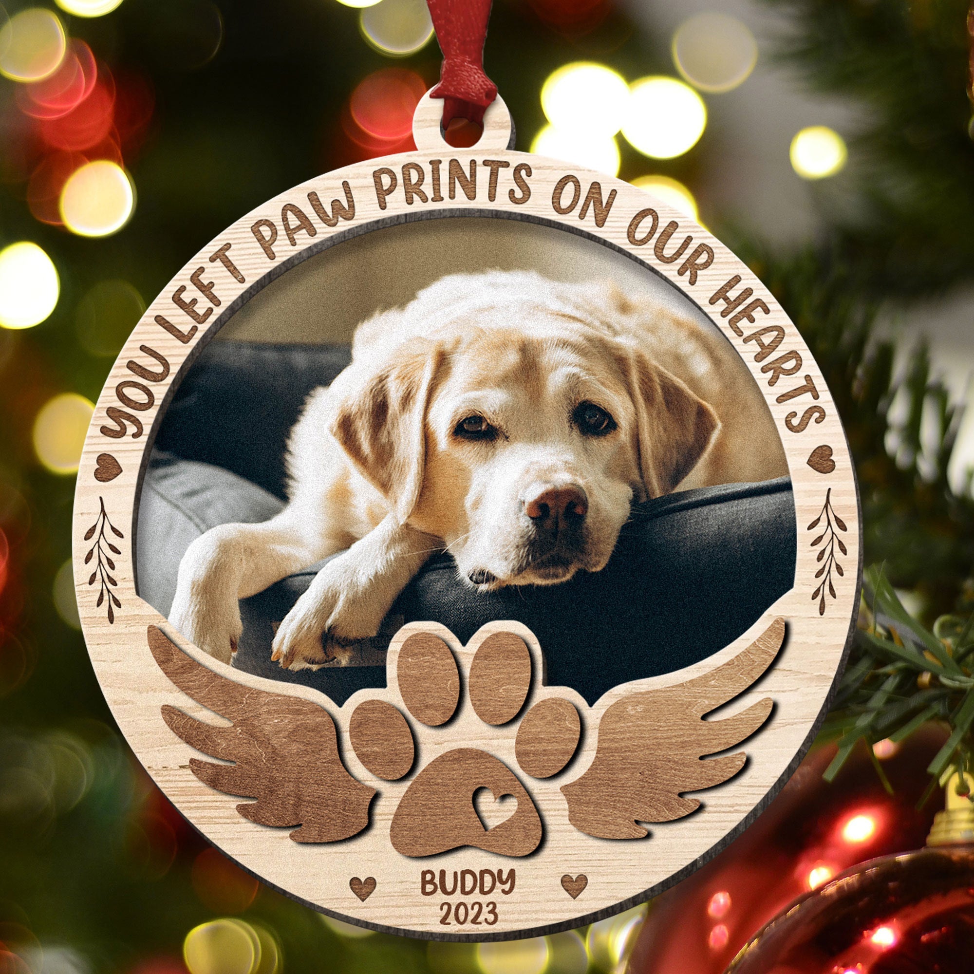 Paw Prints On My Heart - Personalized 2 Layers Wooden Photo Ornament