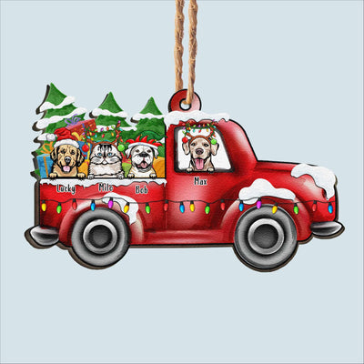 Pickup Truck With Fur Babies - Personalized Custom Shaped Wooden Ornament
