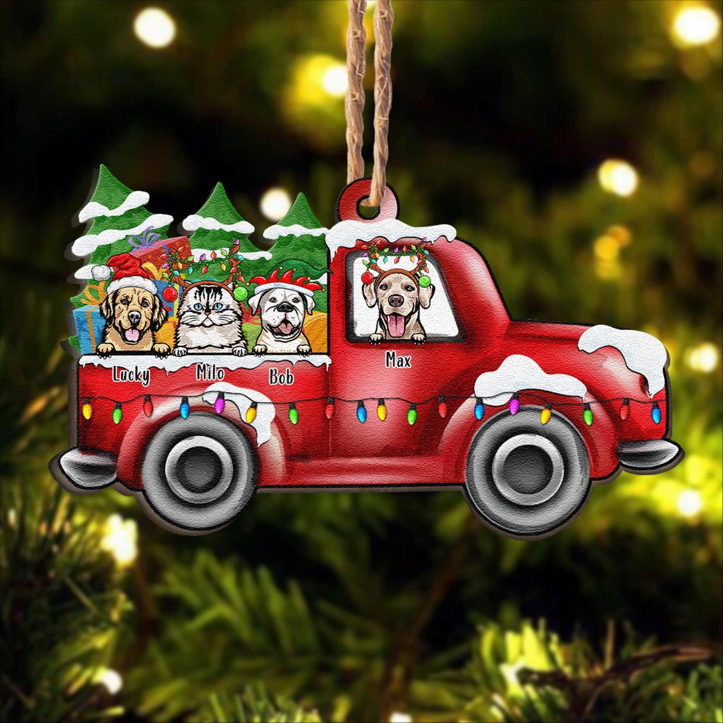 Pickup Truck With Fur Babies - Personalized Custom Shaped Wooden Ornament - Christmas, Loving Gift For Cat & Dog Lover, Pet Owner, Pet Mom, Pet Dad