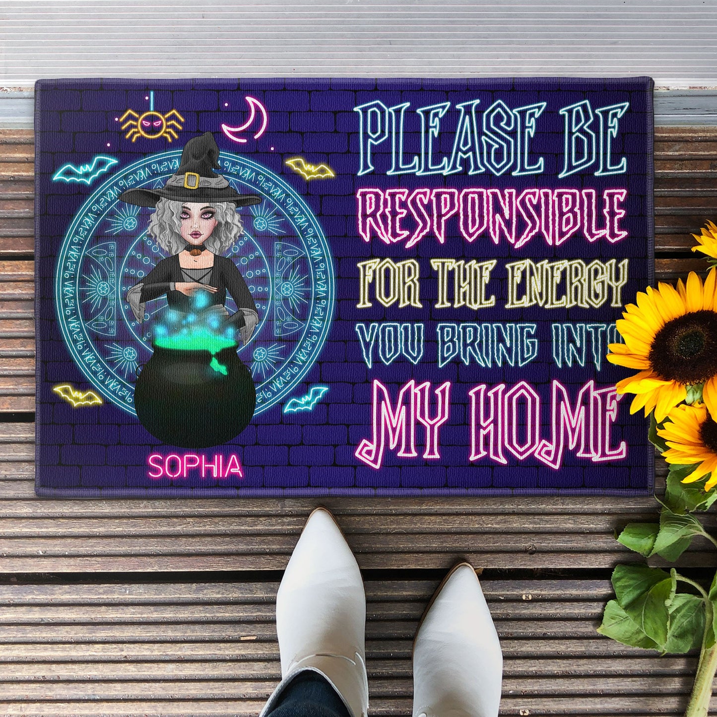 Please Be Responsible For The Energy You Bring Into Our Home - Personalized Doormat - Halloween, Birthday. Funny Gift For Witch, Woman, Girl 