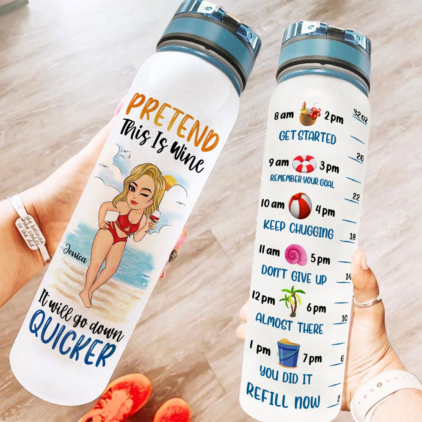 Pretend This Is Wine - Personalized Water Bottle with Time Marker - Birthday, Motivation Gift For Her, Girl, Woman, Mom, Beach Lovers
