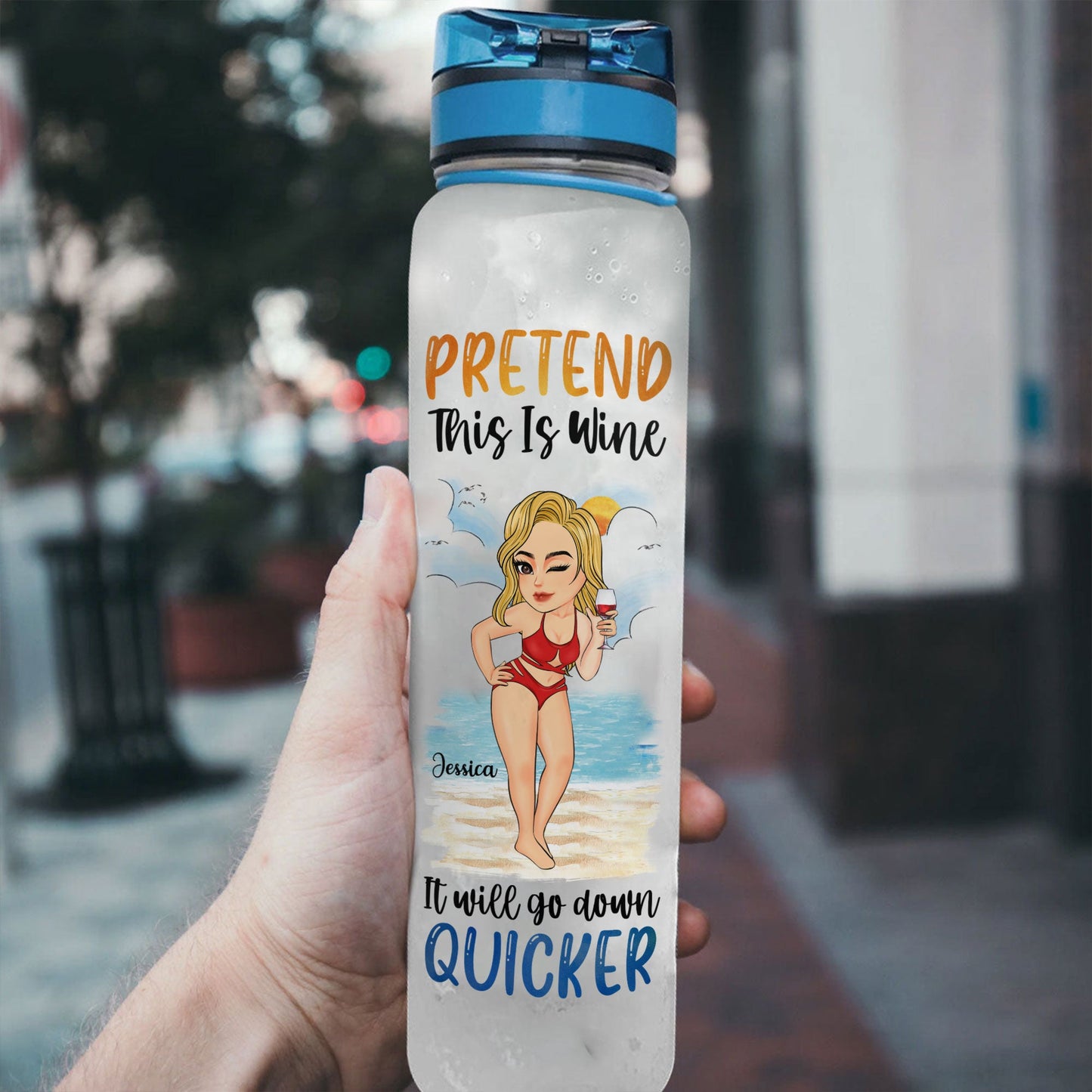 Pretend This Is Wine - Personalized Water Bottle with Time Marker - Birthday, Motivation Gift For Her, Girl, Woman, Mom, Beach Lovers