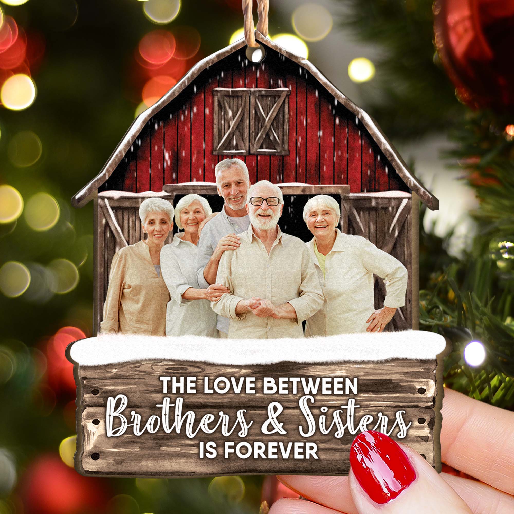 Red Barn The Love Between Brothers & Sisters Is Forever - Personalized Wooden Photo Ornament - Vintage Ornament