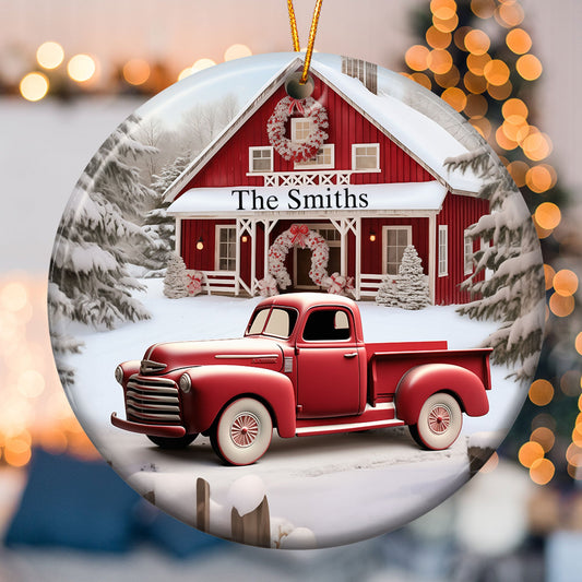 Red Barn, Red Truck Christmas - Personalized Ceramic Ornament