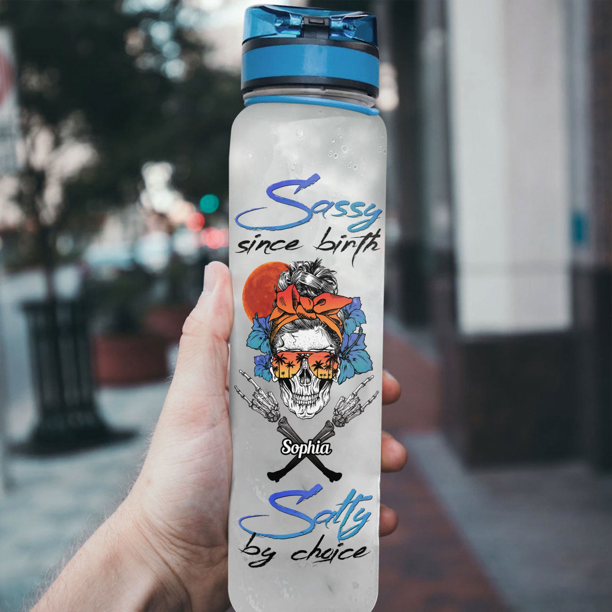 Sassy Since Birth Salty By Choice - Personalized Water Bottle With Time Marker - Birthday, Summer Gift For Girls, Mom, Wife, Besties, Sisters, Daughters, Girlfriends, Beach Lover, Skull Lover