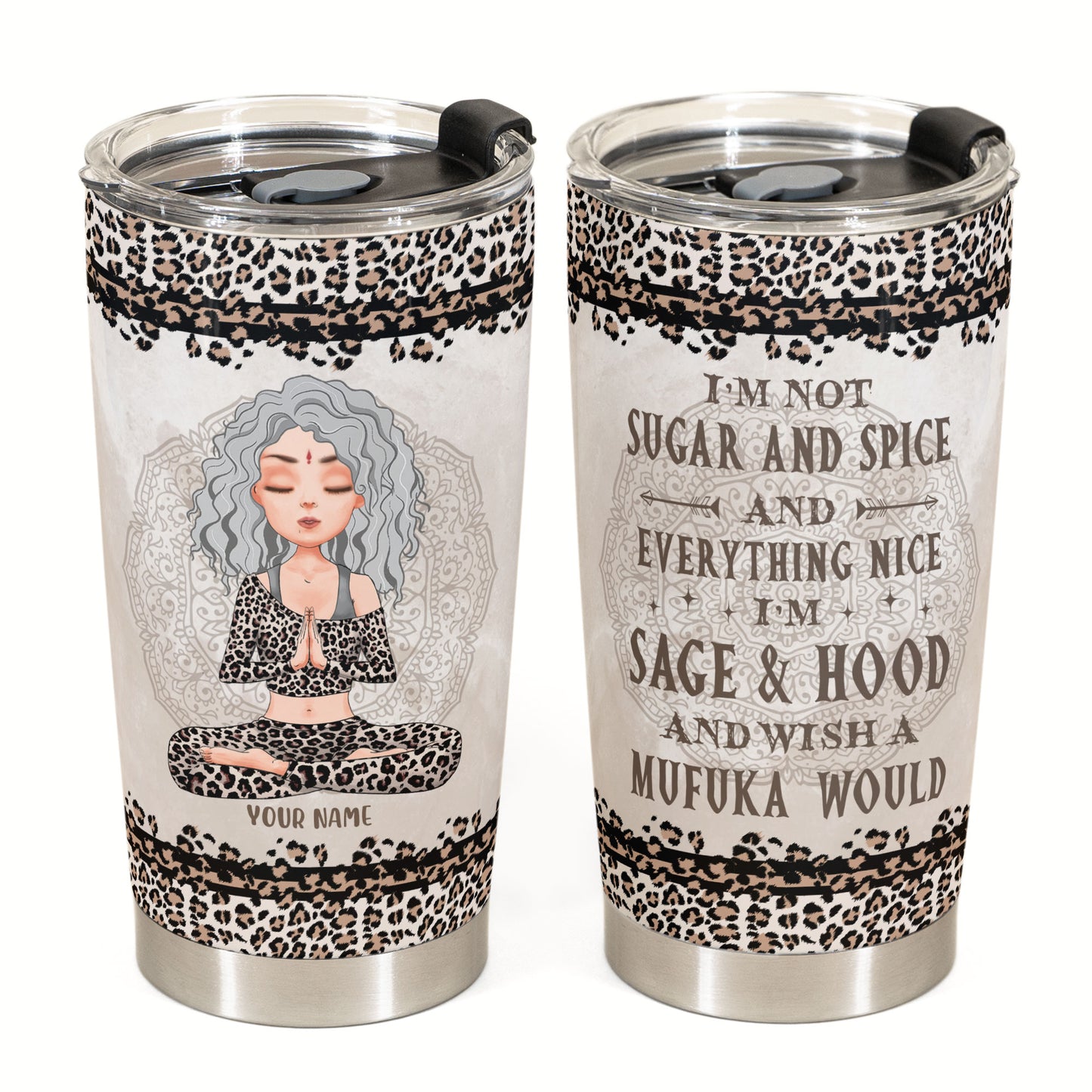 Sage & Hood - Personalized Tumbler Cup - Birthday Gift For Yoga Lover - Leopard Pattern Design
