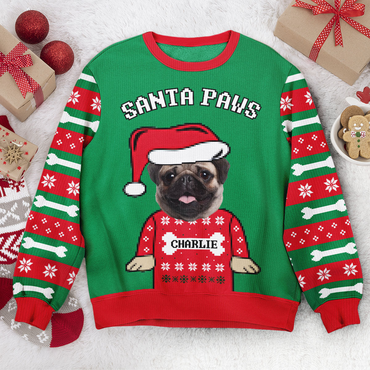 Santa Paws Dog Lovers Custom Face - Personalized Photo Ugly Sweater