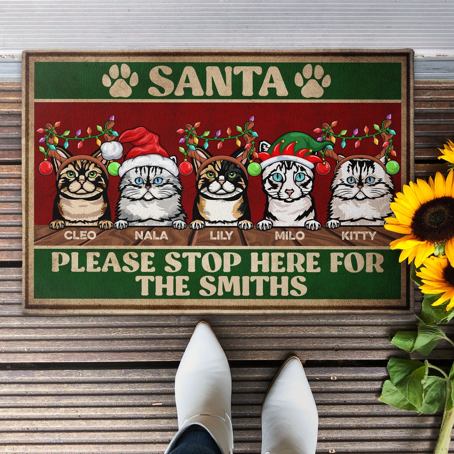 Santa Please Stop Here - Personalized Doormat - Christmas, Home Decor Gift For Family, Cat Lovers, Cat Owners, Porch Decoration, Funny Seasonal Decor