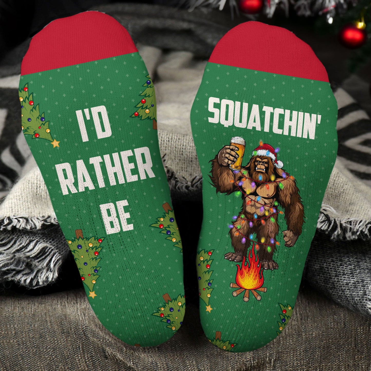 Sasquatch I'D Rather Be Squatching Christmas Bigfoot - Personalized Crew Socks