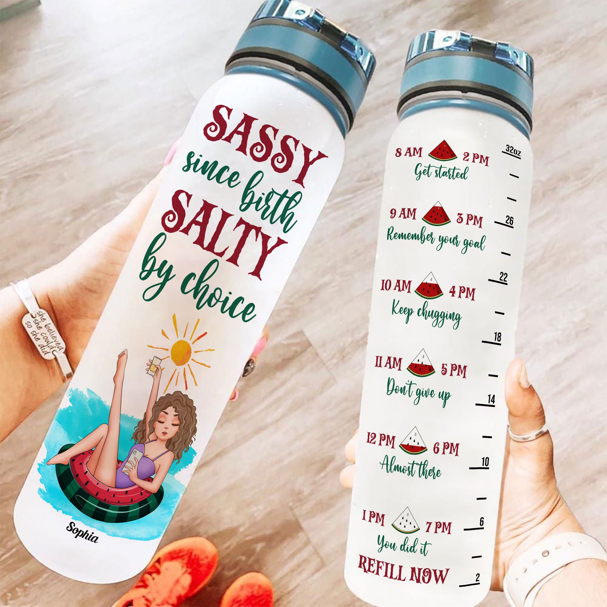 Sassy Since Birth Salty By Choice - Personalized Tracker Bottle - Birthday Summer Gift For Beach Lovers, Besties, Sisters, Daughters, Girlfriends