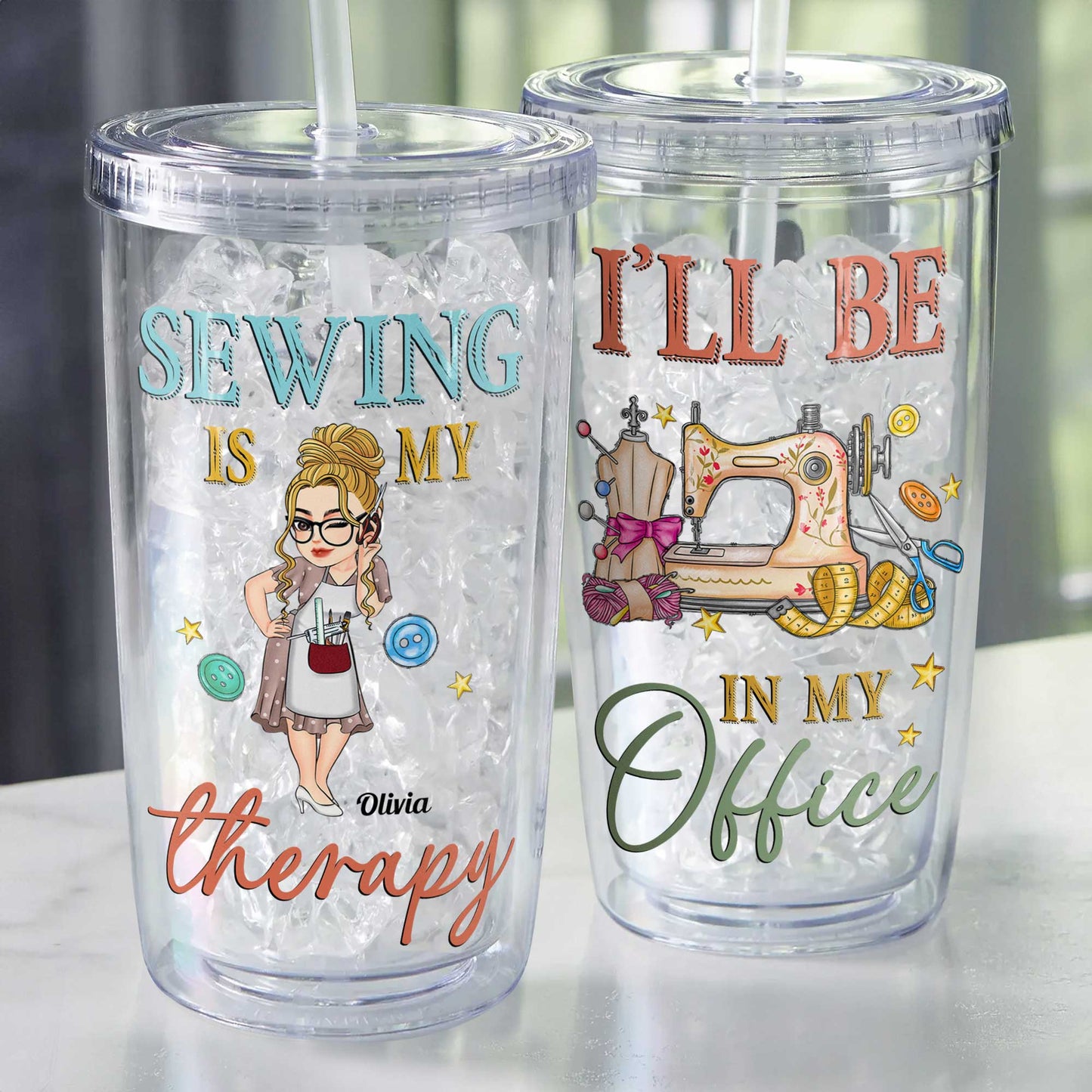 Sewing Is My Therapy - Personalized Acrylic Tumbler With Straw