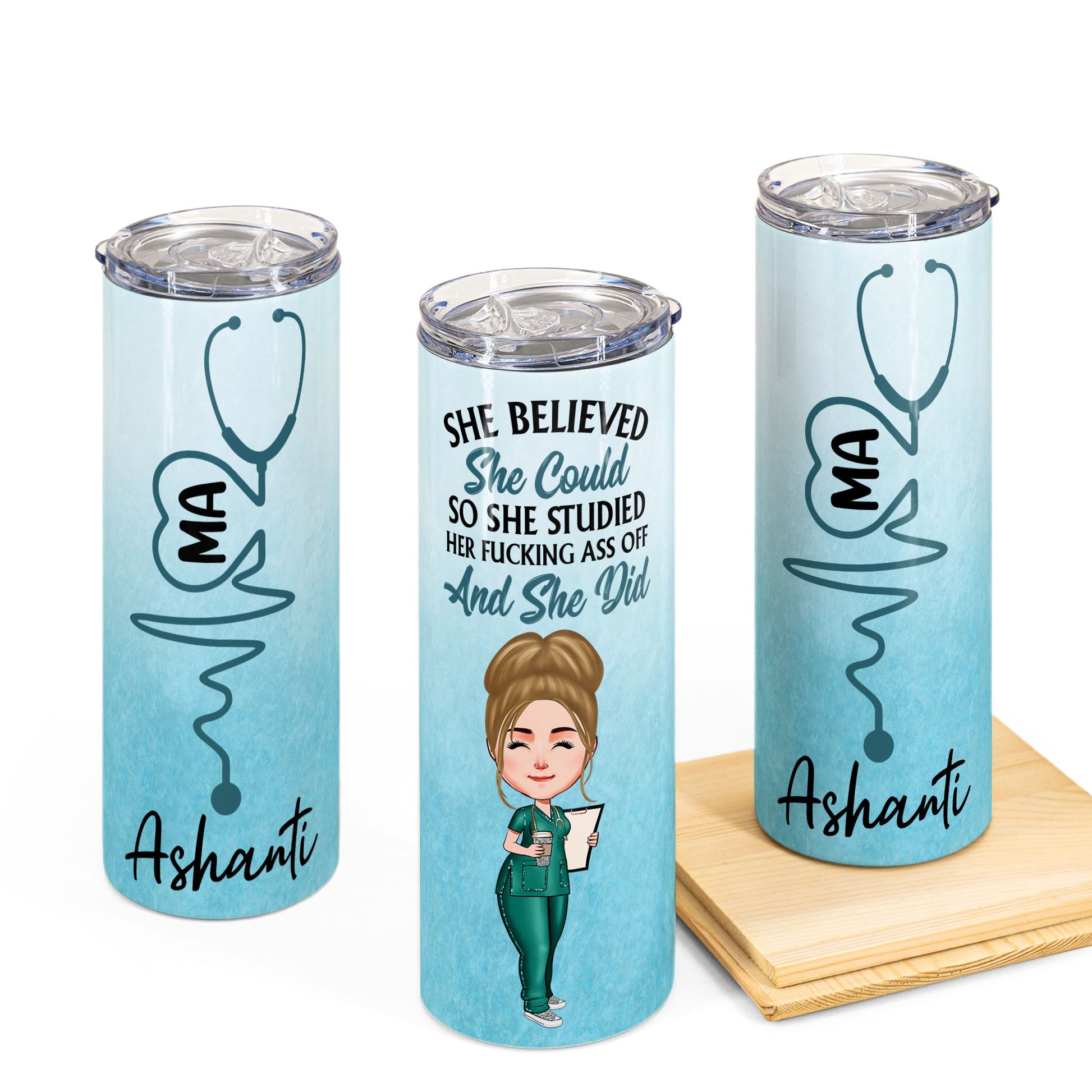 She Believed She Could So She Studied And She Did - Personalized Skinny Tumbler - Graduation, Birthday Gift For New Nurse