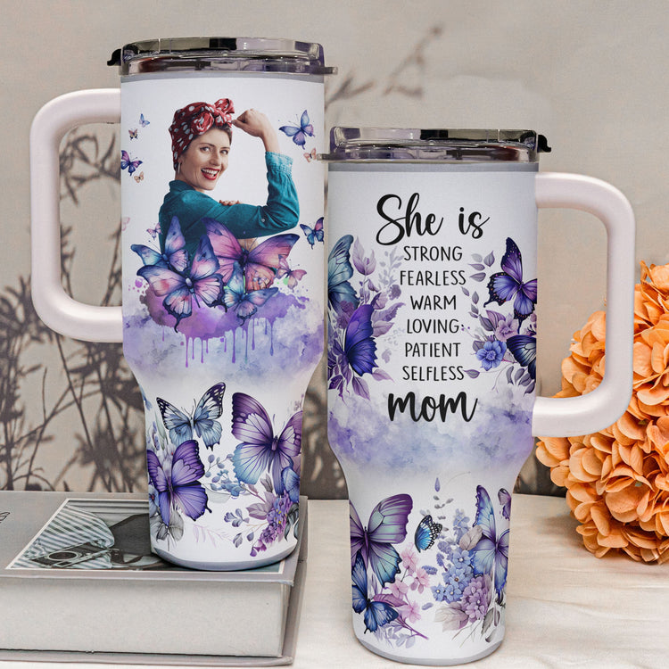 She Is Strong, Fearless, Warm Mom - Personalized Photo 40oz Tumbler With Straw