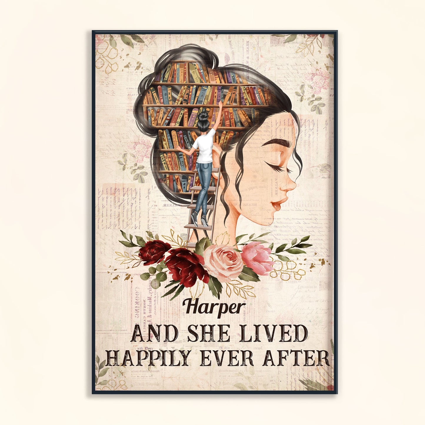 She Lived Happily Ever After - Personalized Poster - Birthday Gift For Book Lovers, Bookworms