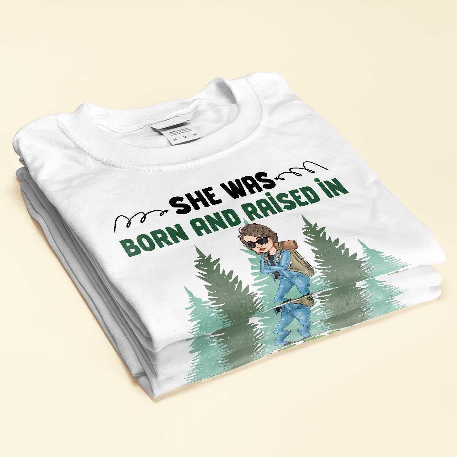 She Was Born And Raised In Wishabitch Woods - Personalized Shirt - Birthday Gift For Her, Girl, Woman, Camping Lovers