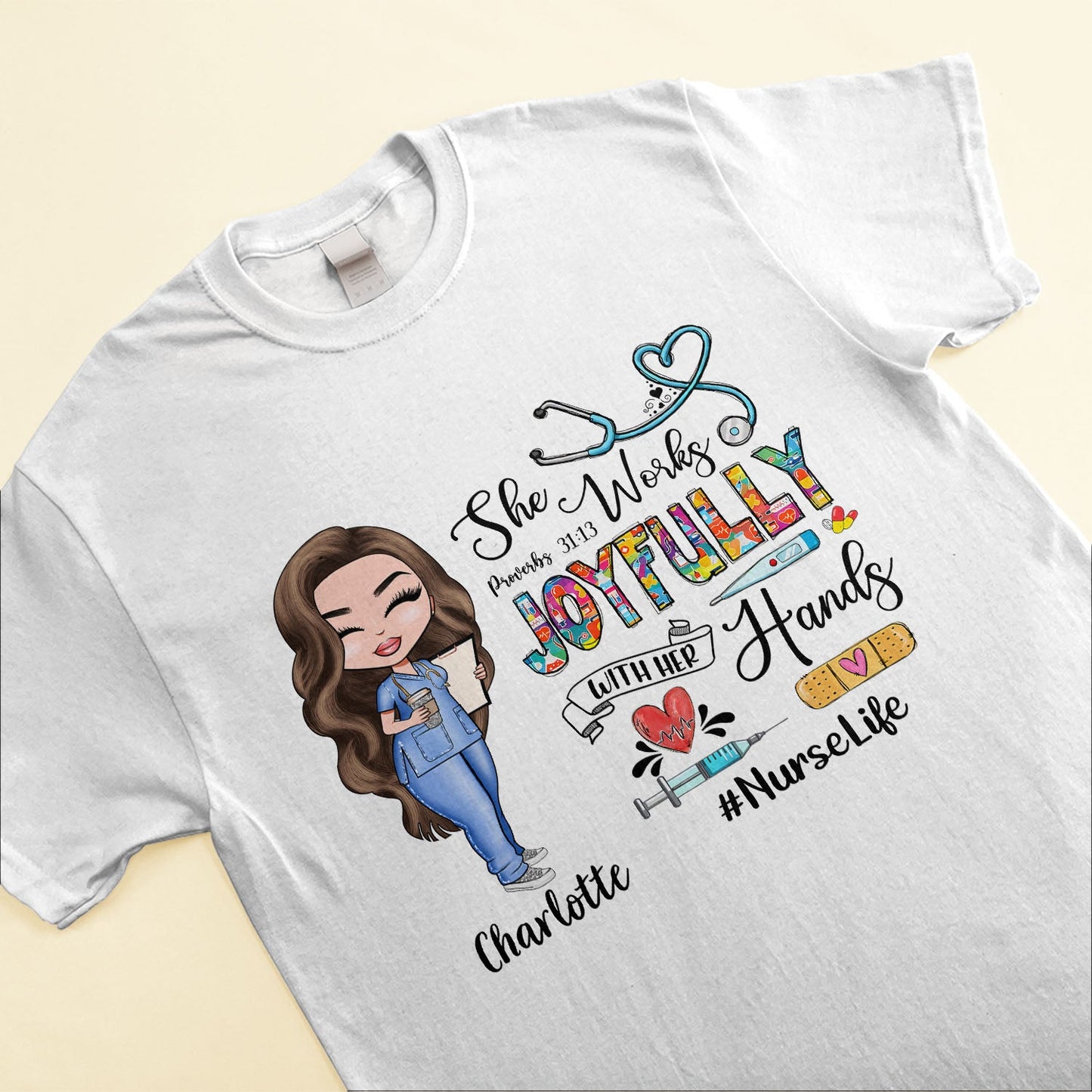 She Works Joyfully With Her Hands - Personalized Shirt - Gift For Nurse - Cartoon Nurses