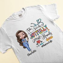 She Works Joyfully With Her Hands - Personalized Shirt - Gift For Nurse - Cartoon Nurses