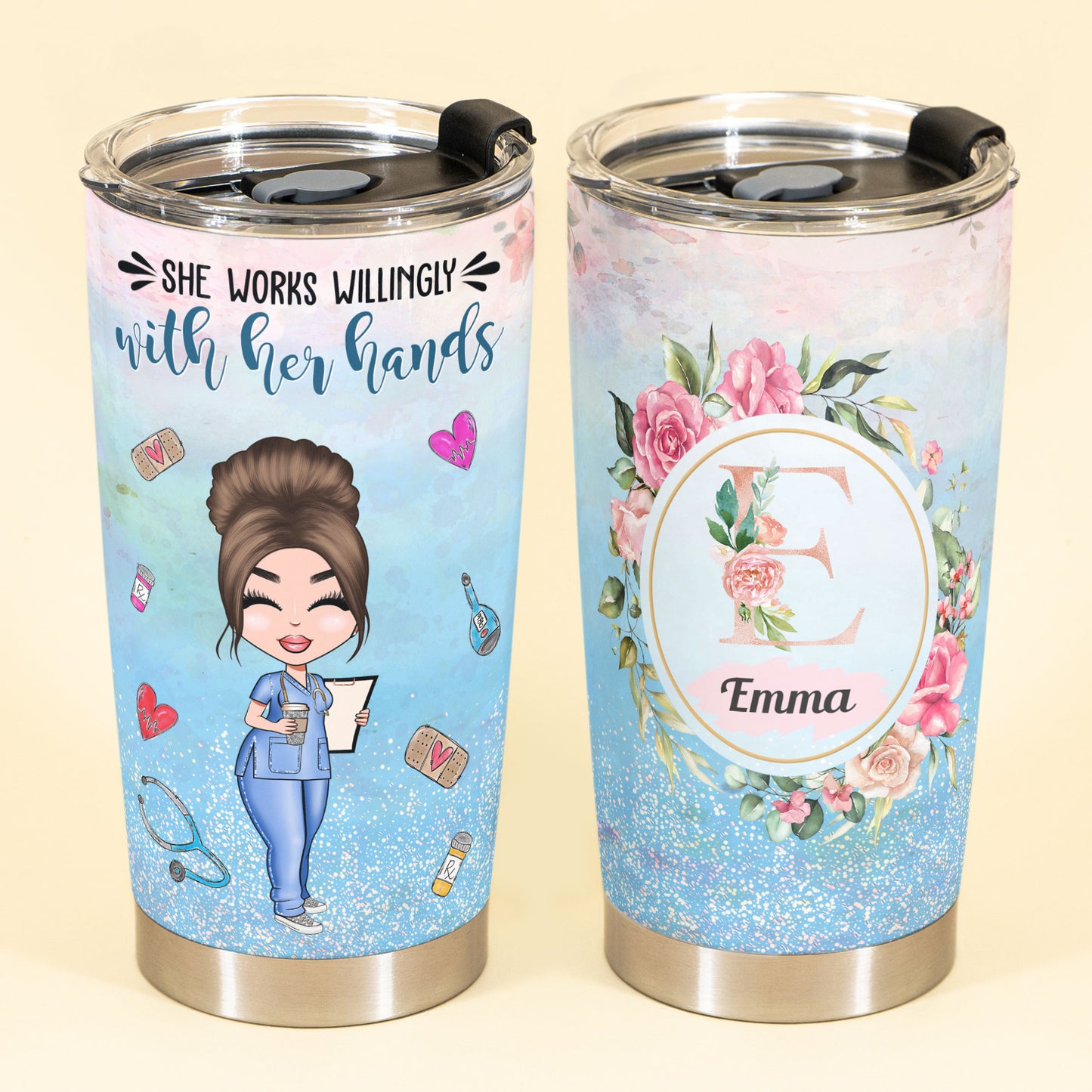 She Works Willing With Her Hands - Personalized Monogram Tumbler Cup - Birthday Gift For Nurse & Doctor