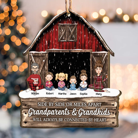 Side By Side Or Miles Apart Grandparents Grandkids Connected By Heart - Personalized Wooden Ornament