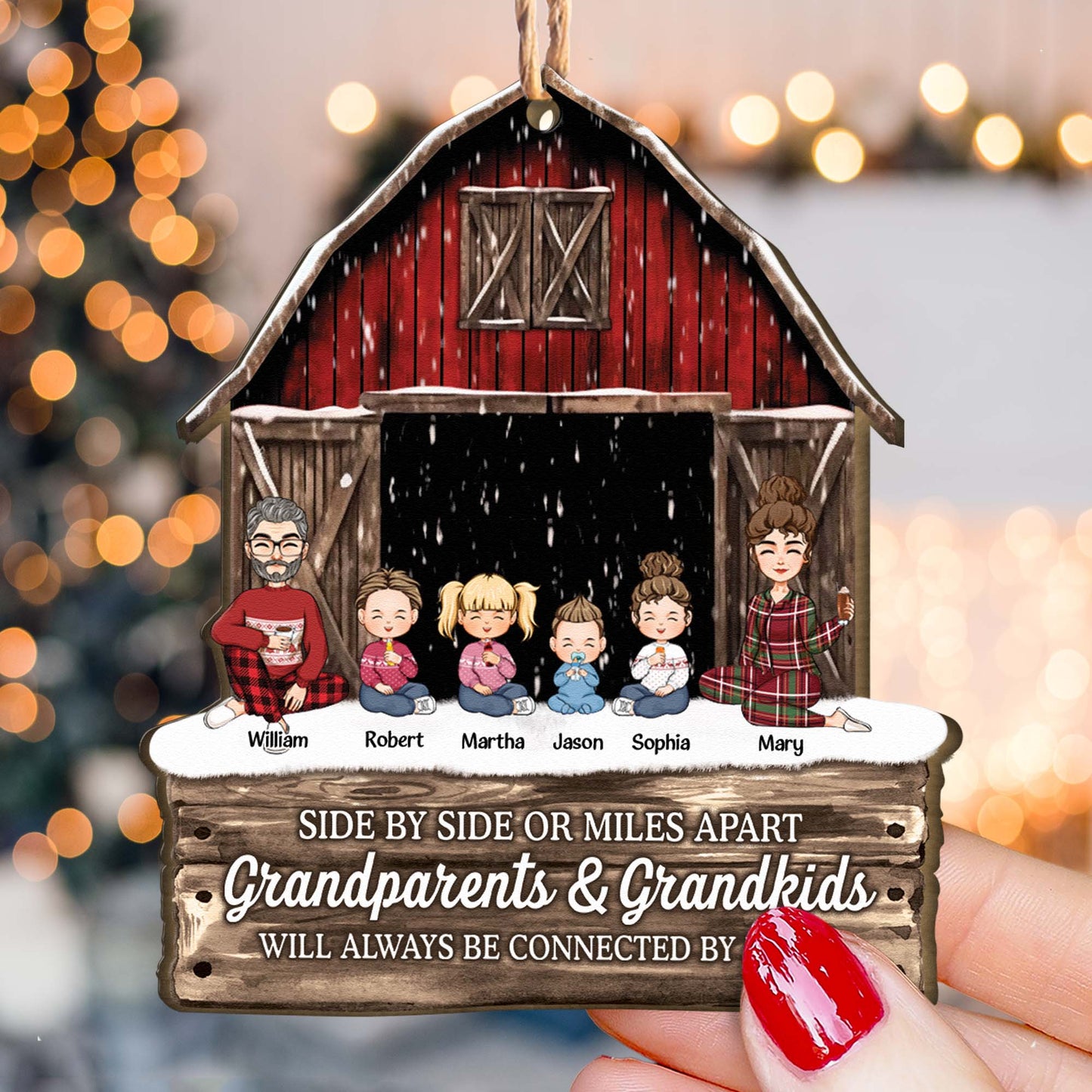 Side By Side Or Miles Apart Grandparents Grandkids Connected By Heart - Personalized Wooden Ornament