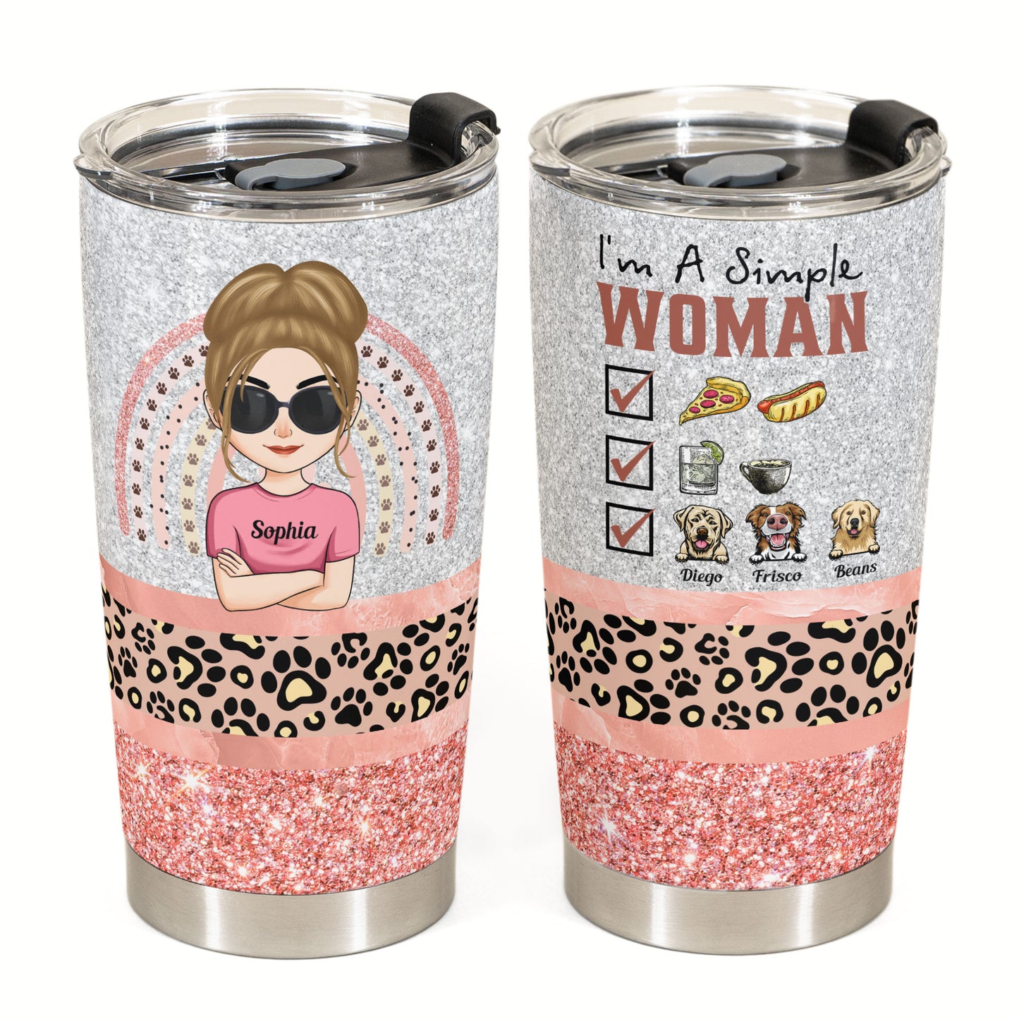 Simple Woman - Personalized Tumbler Cup - Birthday, Funny Gift For Dog Mom, Dog Lover, Pet Owner, Cat Mom, Cat Lover