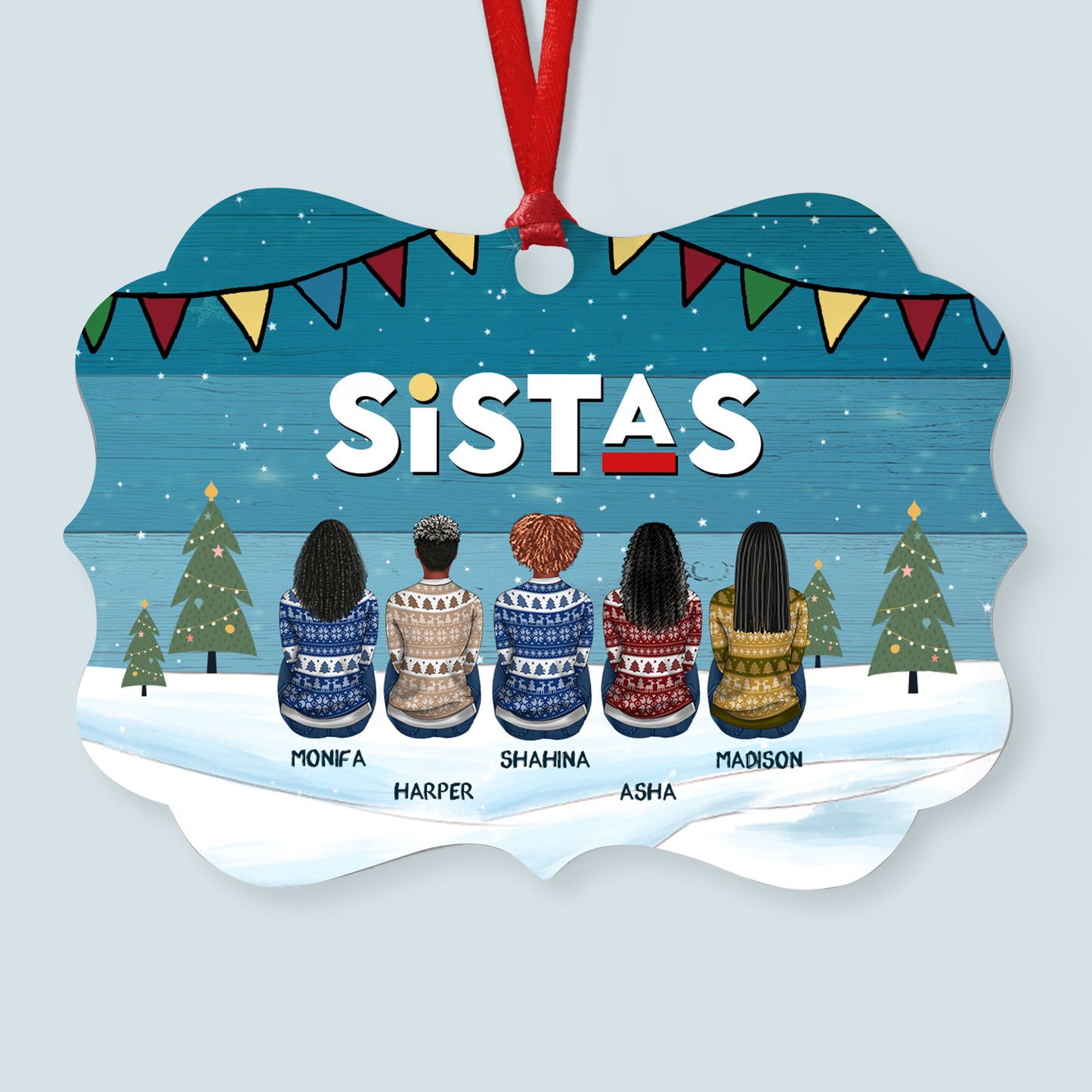 Sistas And Brothas Snowy Day - Personalized Aluminum Ornament - Christmas Gift Black Cultured Ornament For Friends And Siblings - Ugly Christmas Sweater Sitting