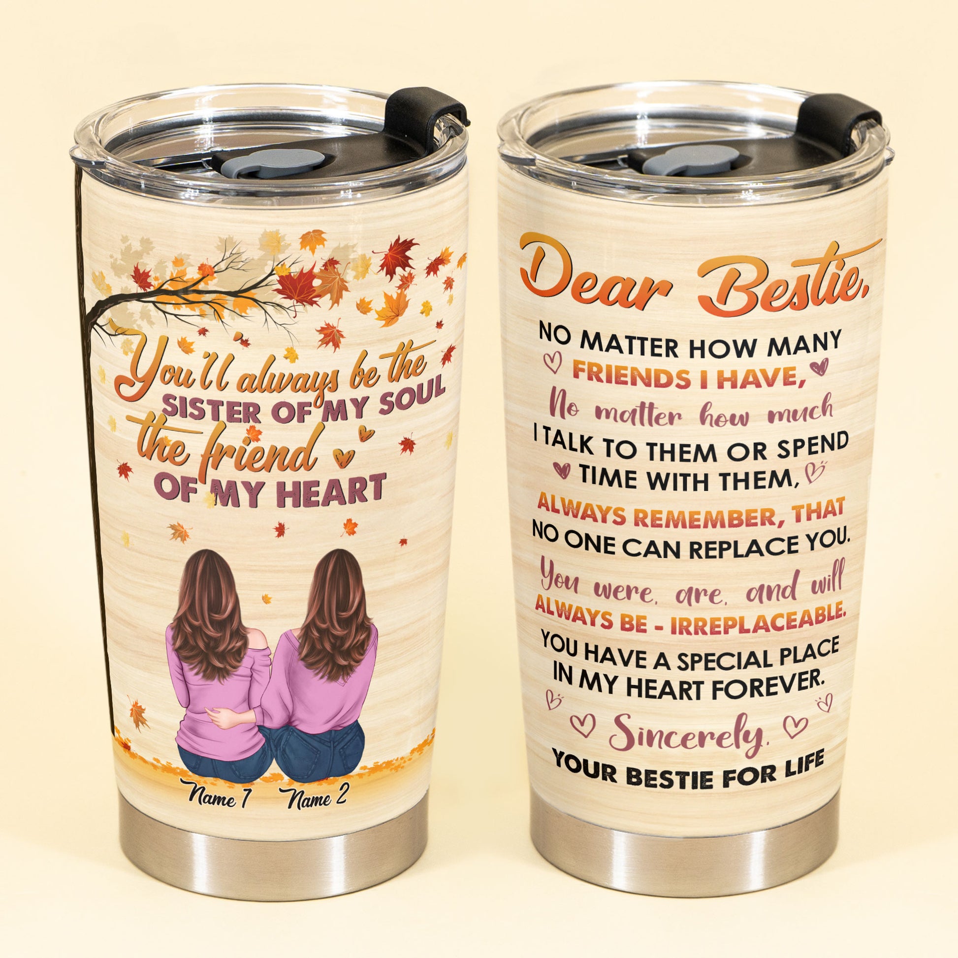 Sister Of My Soul - Personalized Tumbler Cup - Fall Season Gift For Besties - Cozy Friends Hugging