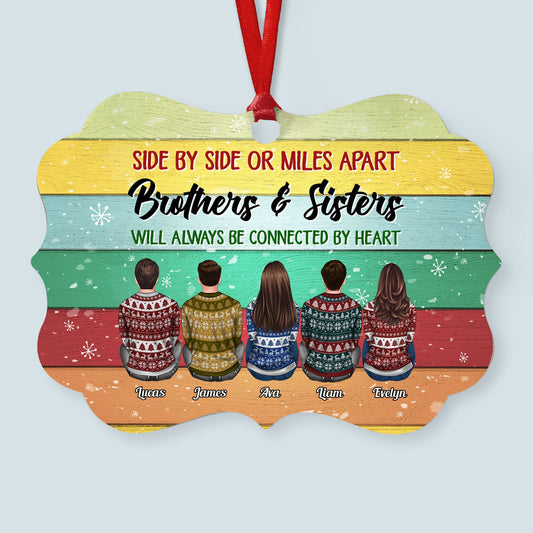 Sisters And Brothers Connected By Heart - Personalized Aluminum/Wooden Ornament - Ugly Christmas Sweater Sitting