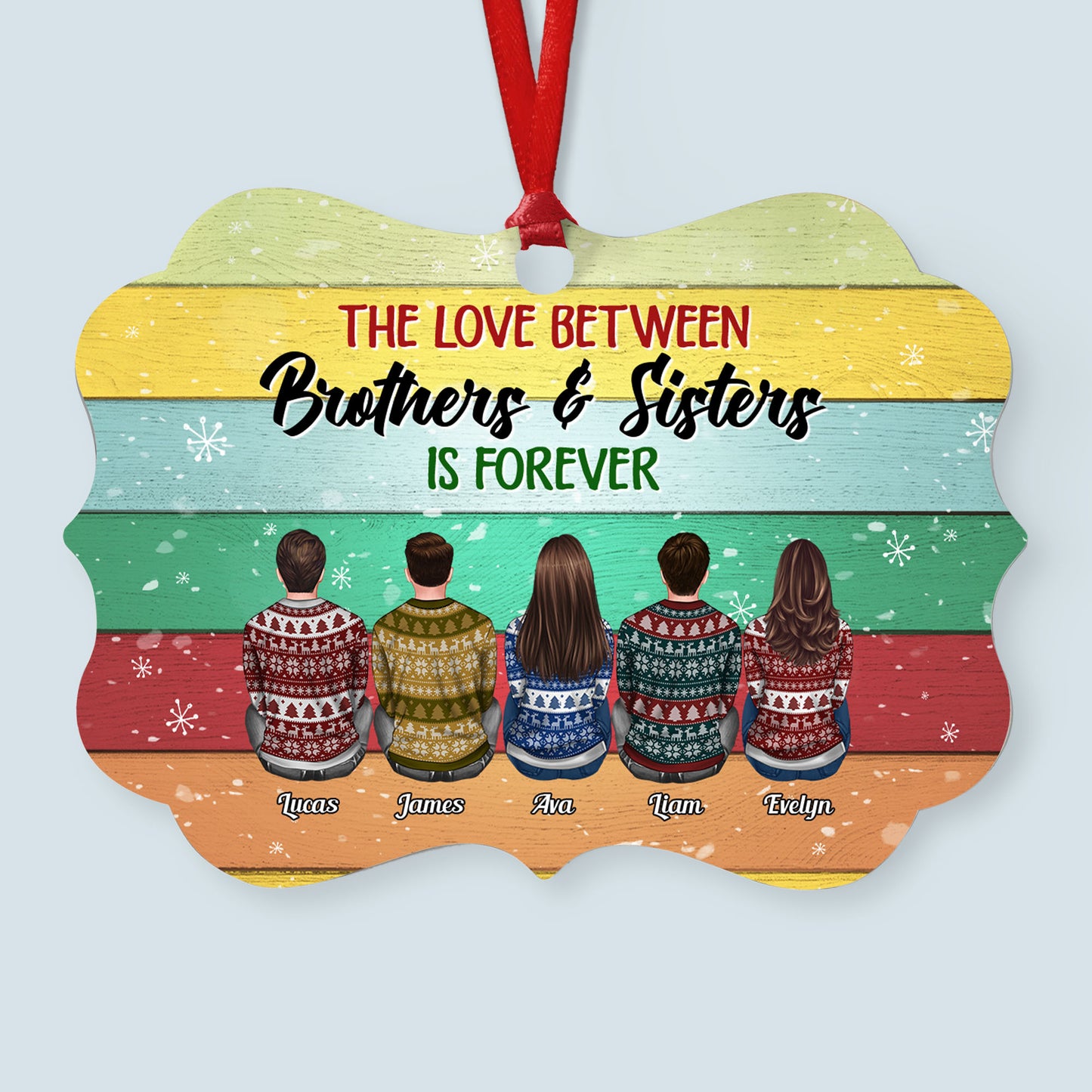Sisters And Brothers Connected By Heart - Personalized Aluminum/Wooden Ornament - Ugly Christmas Sweater Sitting