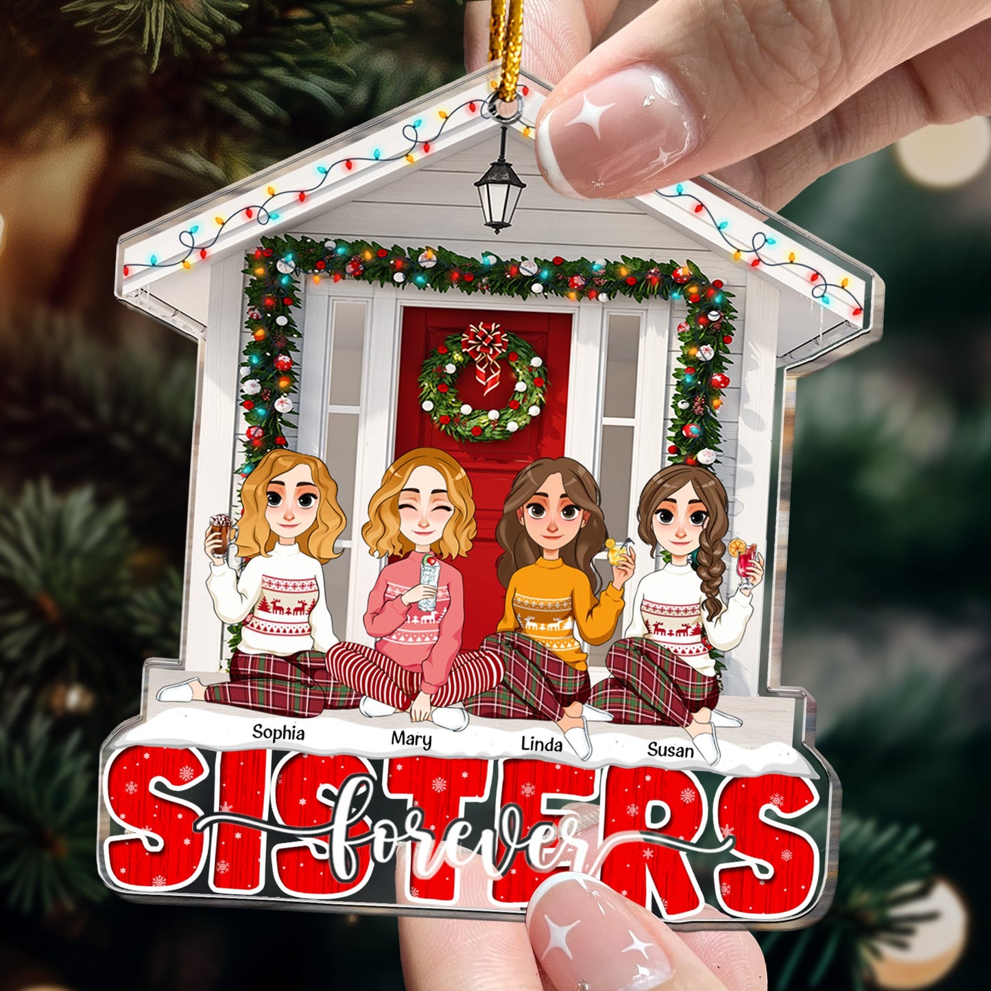 Sisters Forever Friends Red Christmas - Personalized Acrylic Ornament