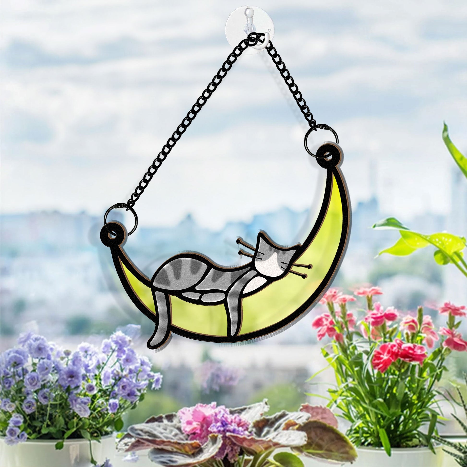 Sleeping Cat On Moon - Personalized Window Hanging Suncatcher Ornament