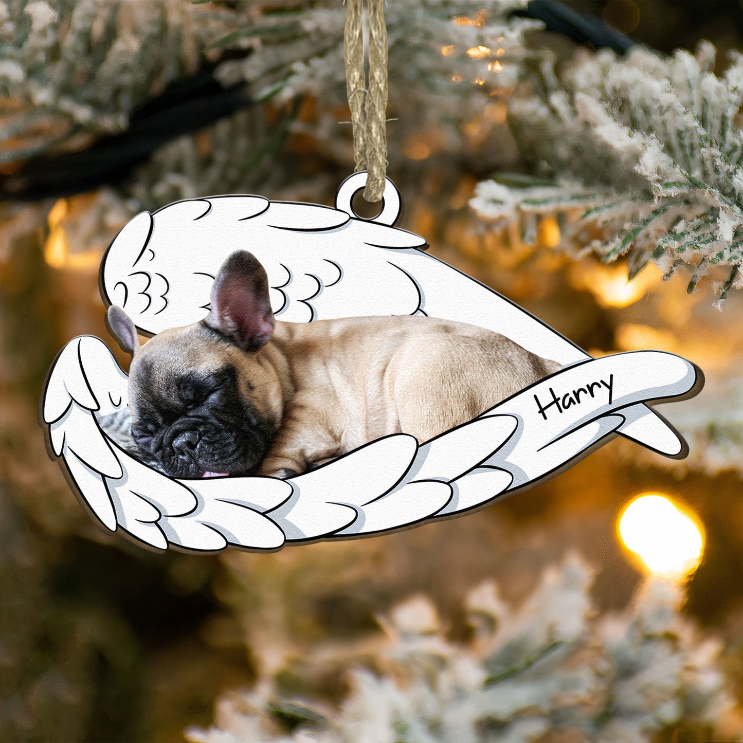 Sleeping Pet With Angel Wings - Personalized Wooden Photo Ornament