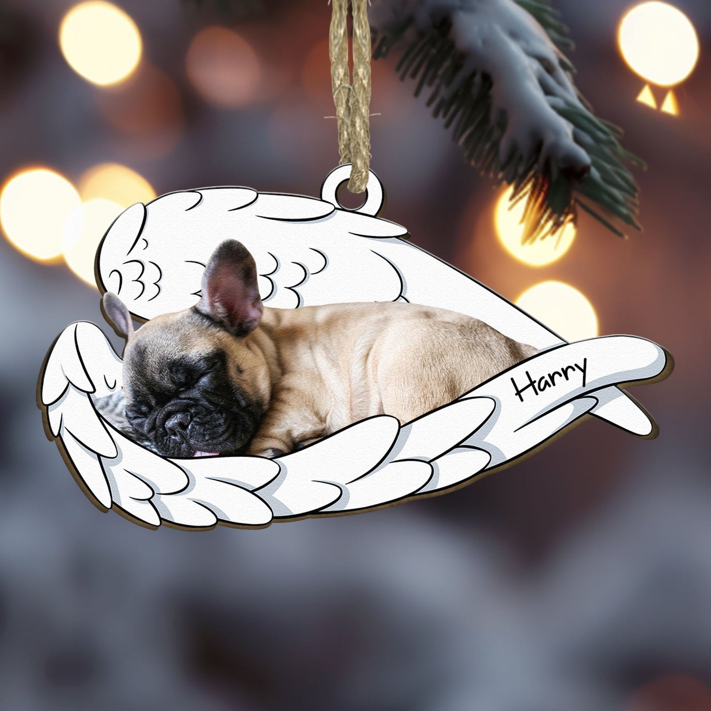 Sleeping Pet With Angel Wings - Personalized Wooden Photo Ornament