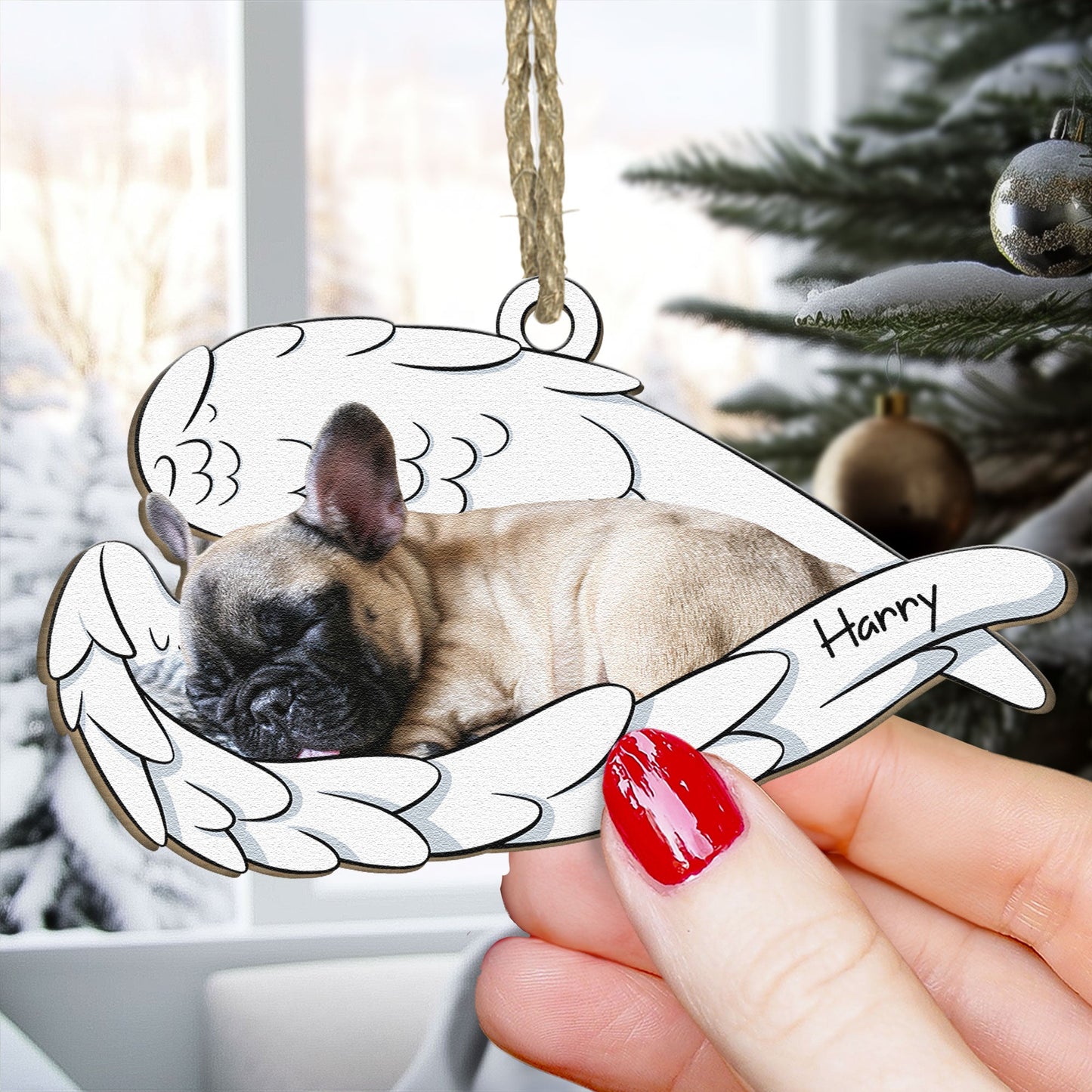 Sleeping Pet With Angel Wings - Personalized Wooden Photo Ornament