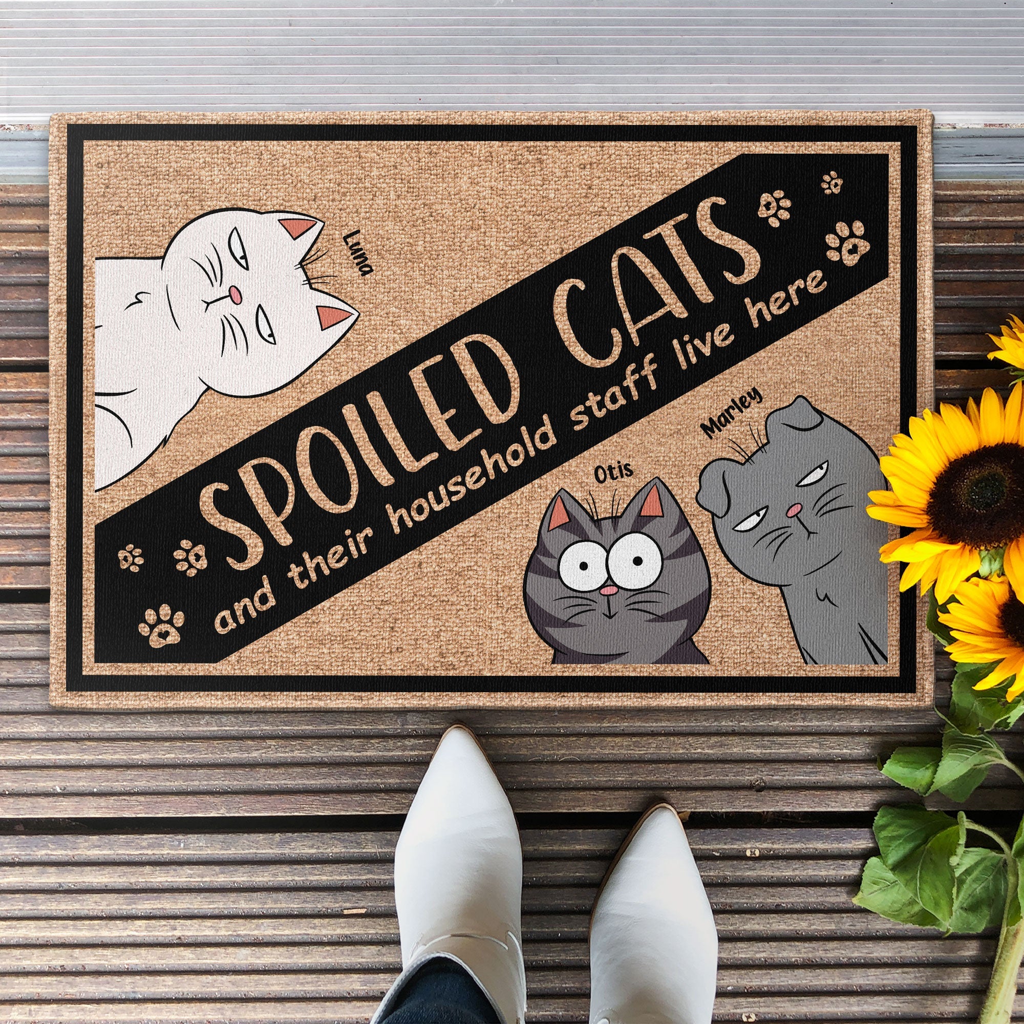 Spoiled Cats And Their Household Staff Live Here - Personalized Doormat