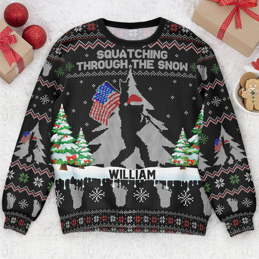 Squatching Through The Snow American Bigfoot - Personalized Ugly Sweater